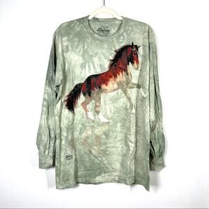 THE MOUNTAIN Y2K Horse Long Sleeve Graphic Tee Green Tie Dye Medium Vintage M
